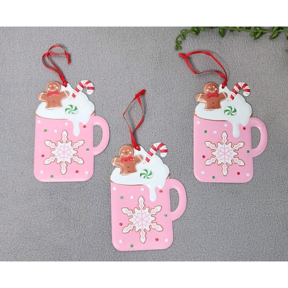 Christmas Cocoa Gingerbread Cookie Mug Ornaments Snowflakes Metal Pink 3 Pc 5"